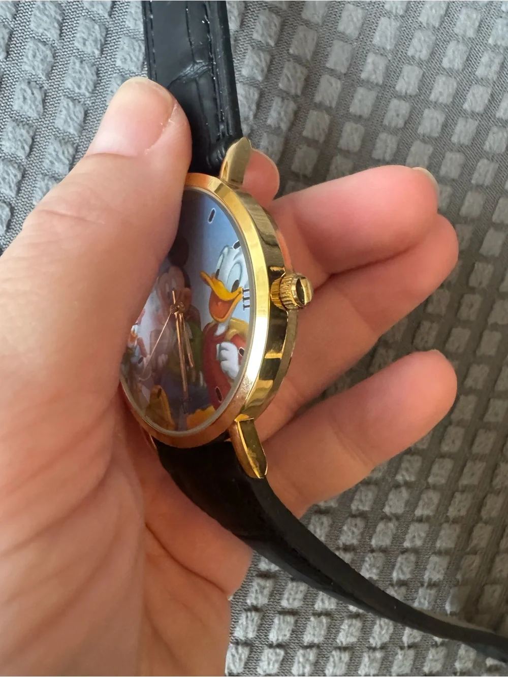 Vintage Disney Mickey Donald Daisy Watch Gold Tone Black Genuine Leather Band